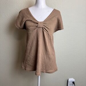 American City Wear Maternity Size L Tan Top‎ Tie Waist Stretch Short Sleeves